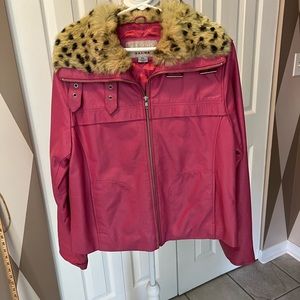 Wilson’s leather jacket, pink with faux leopard collar, size xl